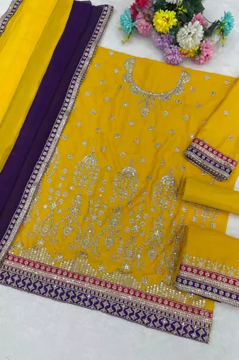 yellow embroidered chinon sharara suit for festive wear