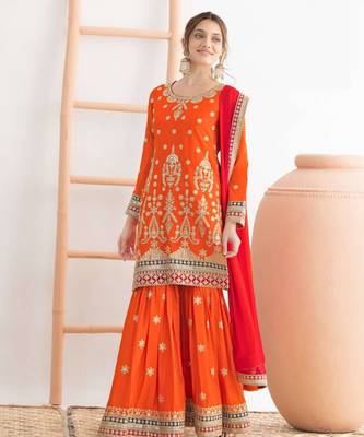 orange embroidered chinon sharara suit for festive wear 1