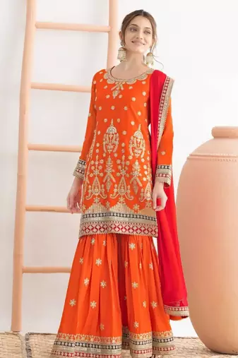 orange embroidered chinon sharara suit for festive wear