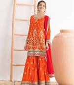 orange embroidered chinon sharara suit for festive wear