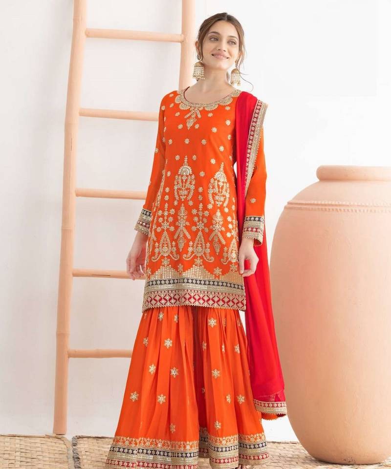 orange embroidered chinon sharara suit for festive wear