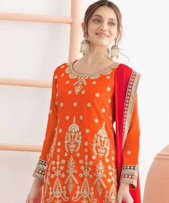 orange embroidered chinon sharara suit for festive wear 2