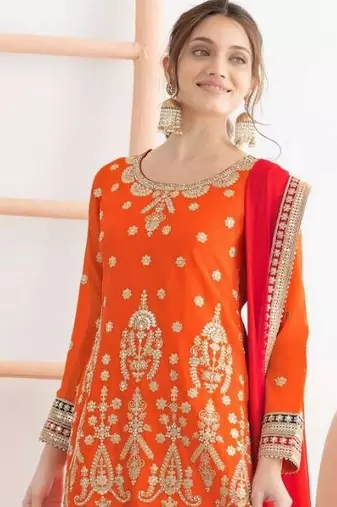 orange embroidered chinon sharara suit for festive wear