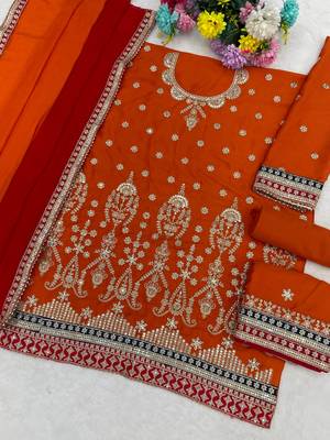 orange embroidered chinon sharara suit for festive wear 3