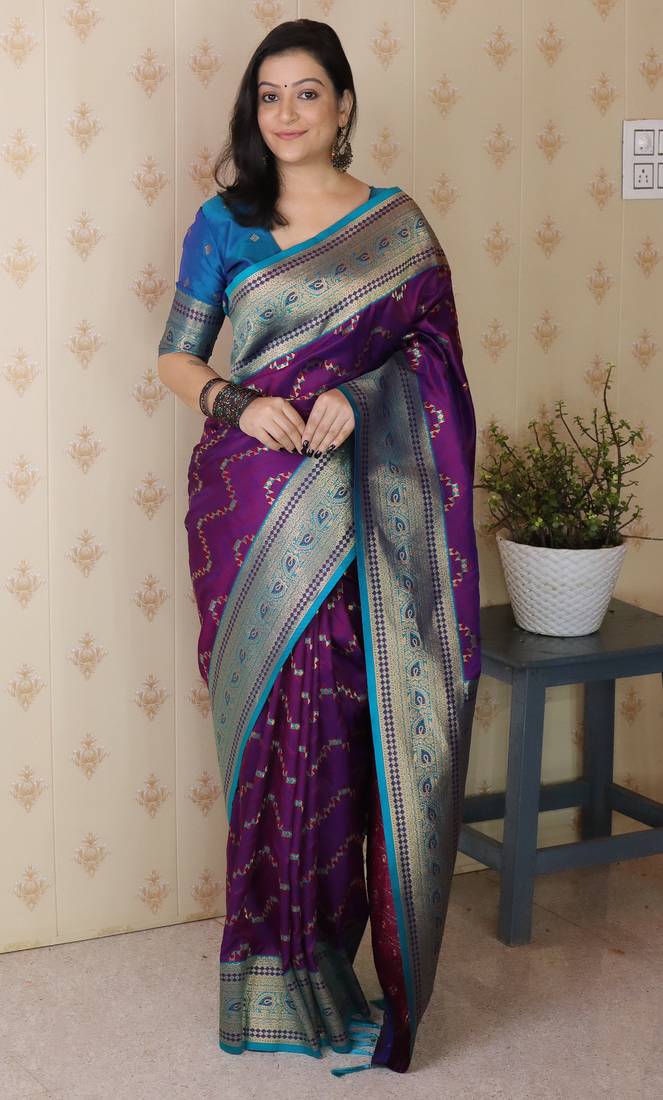 purple color banarasi silk blend fabric woven designer traditional saree