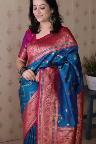 firozi faux banarasi silk blend woven traditional saree