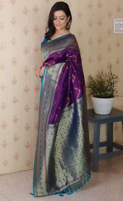 purple faux banarasi silk blend woven traditional saree 4