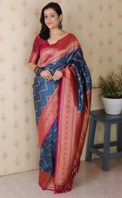 blue faux banarasi silk blend woven traditional saree 1