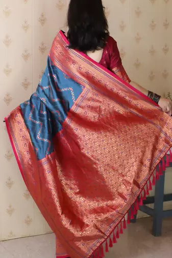blue faux banarasi silk blend woven traditional saree