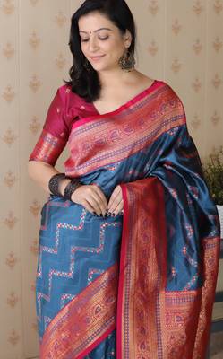 blue faux banarasi silk blend woven traditional saree 3