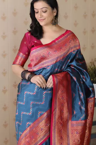 blue faux banarasi silk blend woven traditional saree