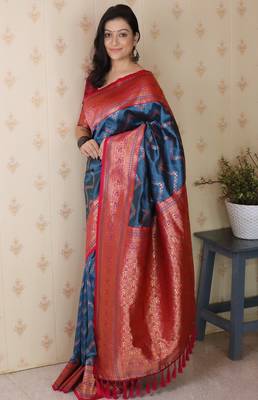 blue faux banarasi silk blend woven traditional saree 4