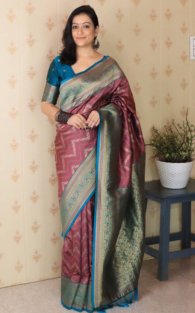 coral color banarasi silk blend fabric woven designer traditional saree