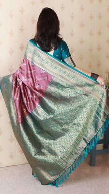 coral faux banarasi silk blend woven traditional saree 2