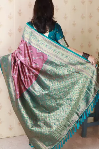 coral faux banarasi silk blend woven traditional saree
