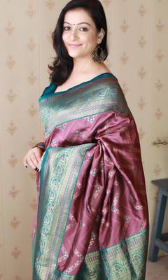 coral faux banarasi silk blend woven traditional saree 3