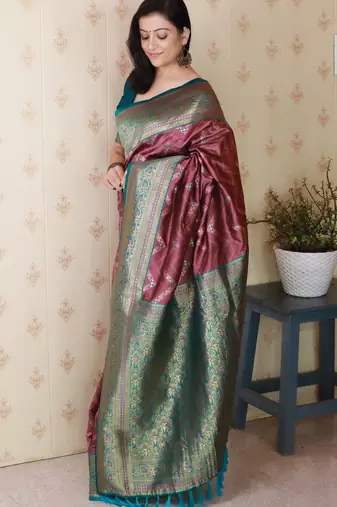 coral faux banarasi silk blend woven traditional saree