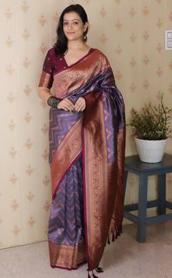lavender faux banarasi silk blend woven traditional saree 1