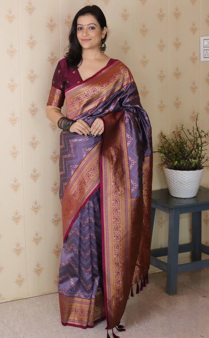 lavender color banarasi silk blend fabric woven designer traditional saree