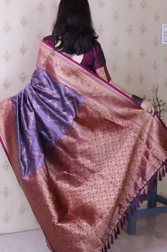 lavender faux banarasi silk blend woven traditional saree