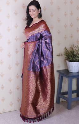 lavender faux banarasi silk blend woven traditional saree 4