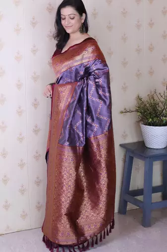 lavender faux banarasi silk blend woven traditional saree