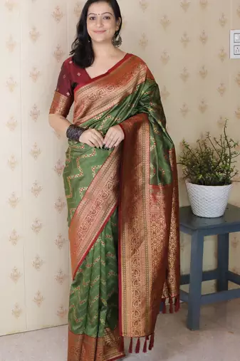 green color banarasi silk blend fabric woven designer traditional saree