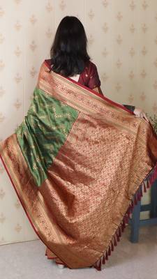 green faux banarasi silk blend woven traditional saree 2