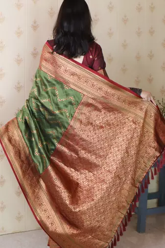 green faux banarasi silk blend woven traditional saree