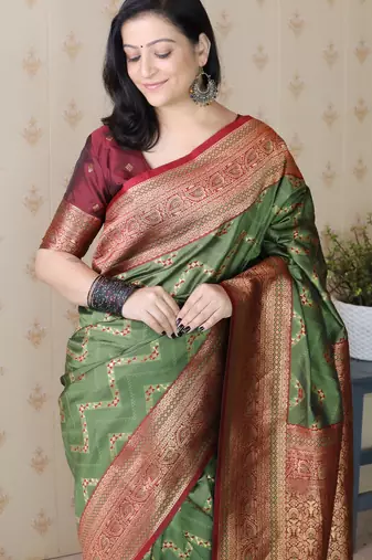 green faux banarasi silk blend woven traditional saree