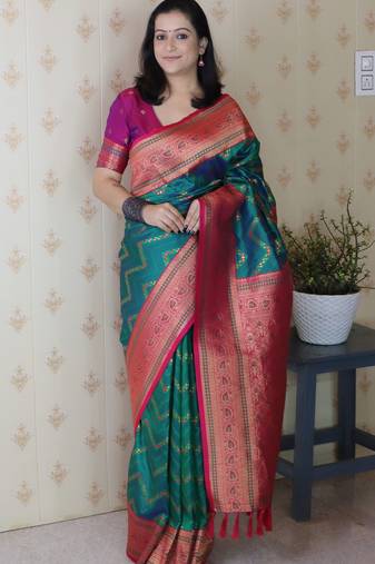 rama color banarasi silk blend fabric woven designer traditional saree