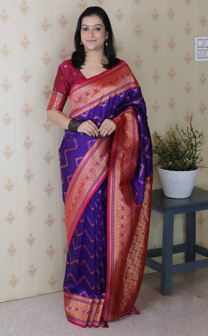violet color banarasi silk blend fabric woven designer traditional saree