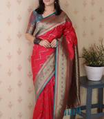 pink color banarasi silk blend fabric woven designer traditional saree