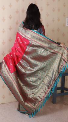 pink faux banarasi silk blend woven traditional saree 2