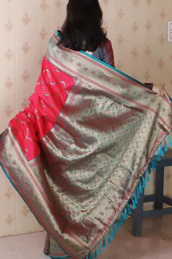 pink faux banarasi silk blend woven traditional saree