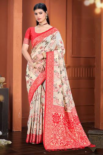 beige color cotton silk blend fabric woven meenakari designer ethnic saree
