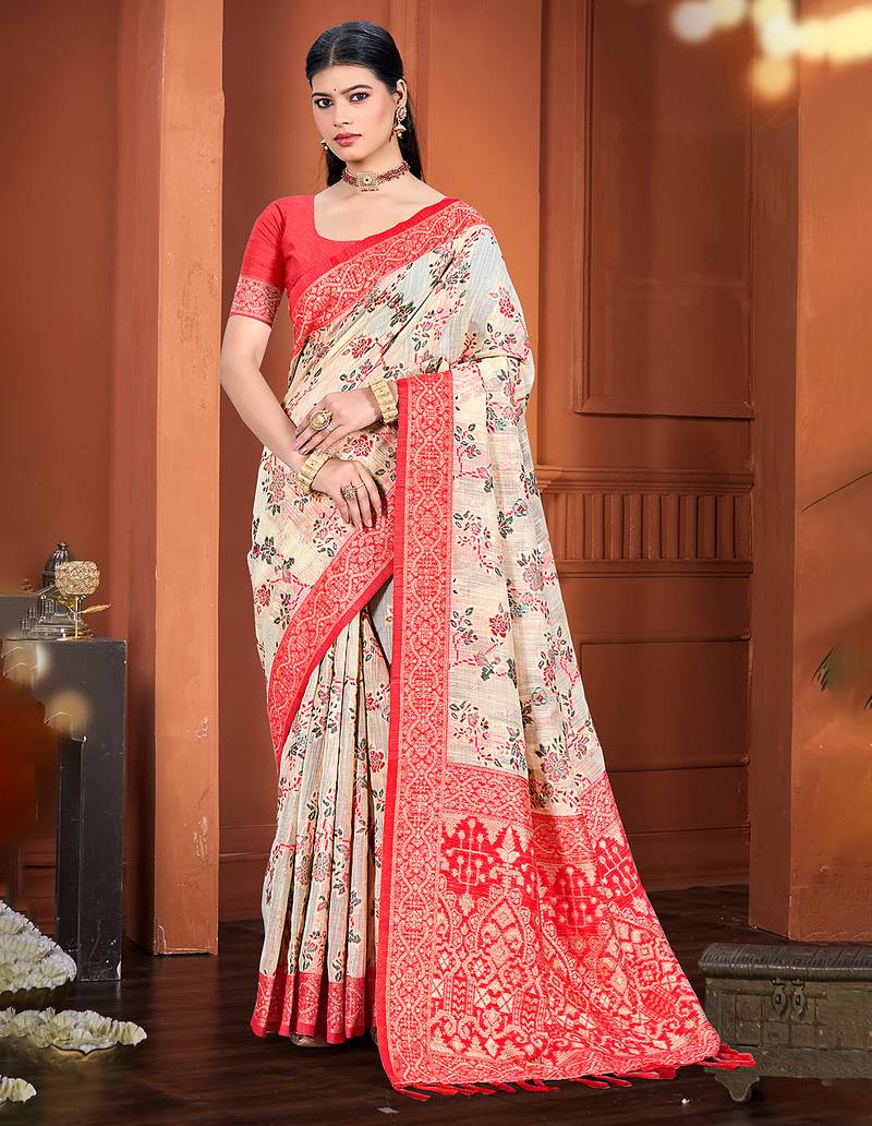 beige color cotton silk blend fabric woven meenakari designer ethnic saree