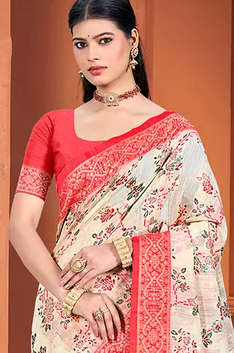 beige cotton silk blend woven meenakari ethnic saree