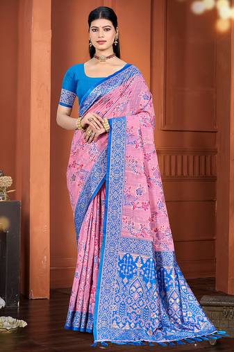 pink color cotton silk blend fabric woven meenakari designer ethnic saree