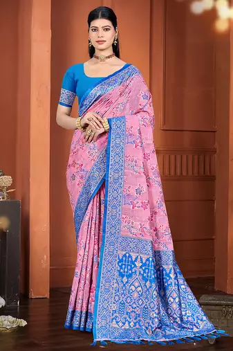 pink color cotton silk blend fabric woven meenakari designer ethnic saree