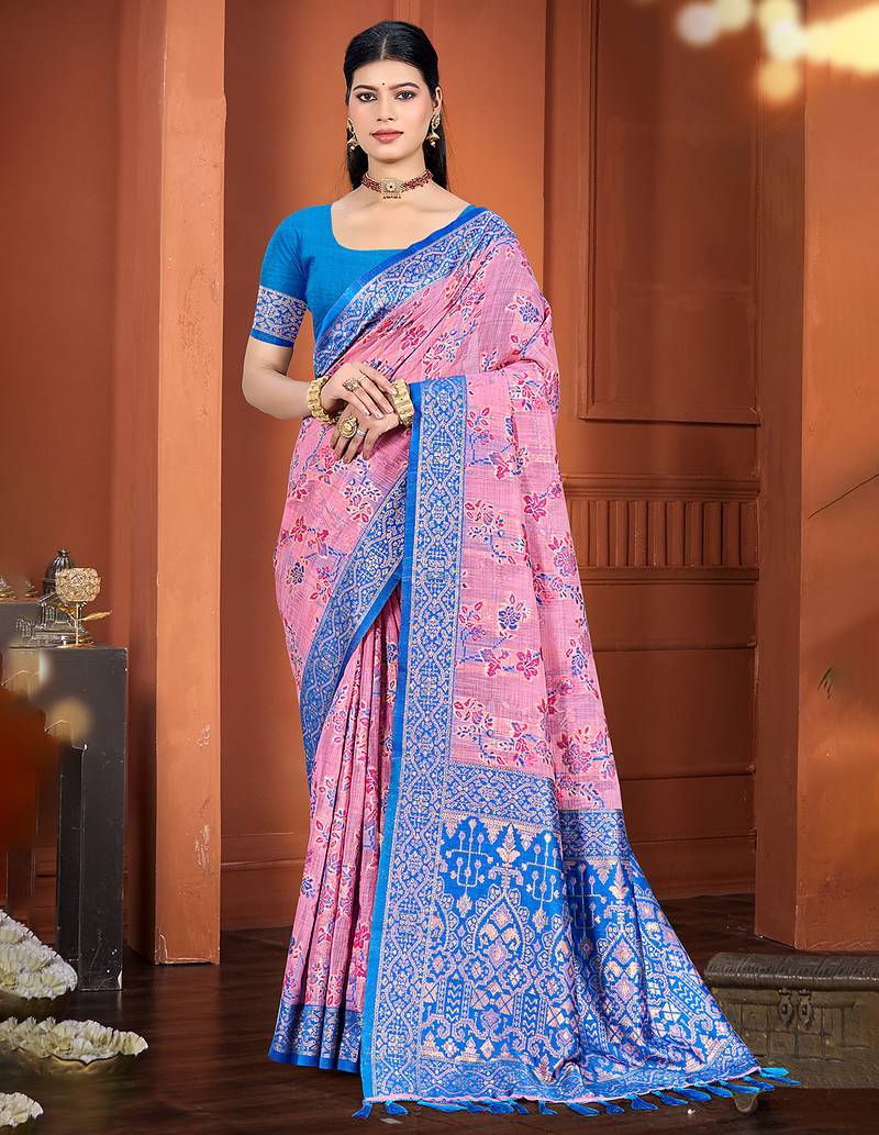 pink color cotton silk blend fabric woven meenakari designer ethnic saree