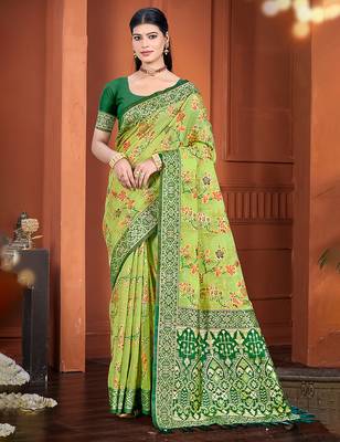 olive cotton silk blend woven meenakari ethnic saree 1