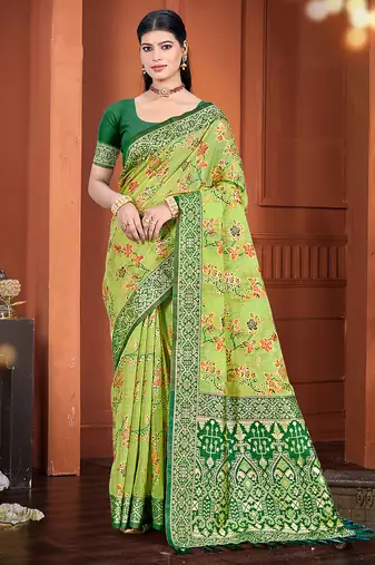 olive color cotton silk blend fabric woven meenakari designer ethnic saree