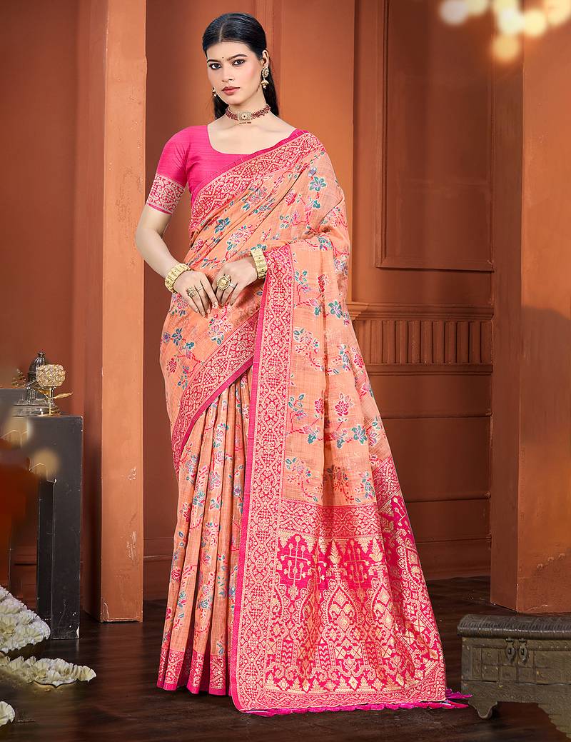 peach color cotton silk blend fabric woven meenakari designer ethnic saree