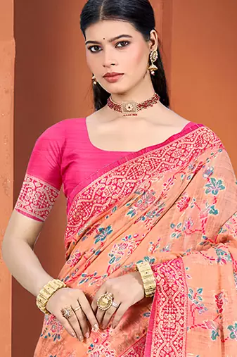peach cotton silk blend woven meenakari ethnic saree