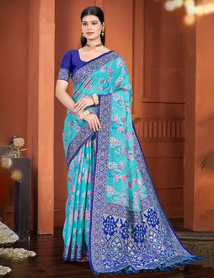 blue cotton silk blend woven meenakari ethnic saree 1