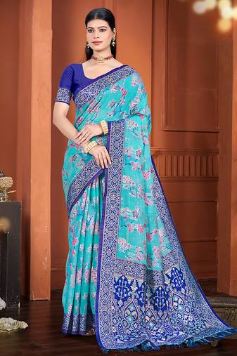 blue color cotton silk blend fabric woven meenakari designer ethnic saree