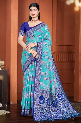 blue color cotton silk blend fabric woven meenakari designer ethnic saree
