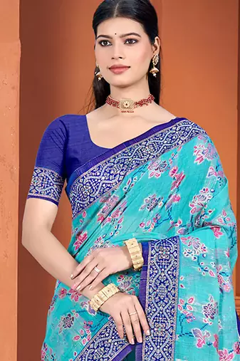 blue cotton silk blend woven meenakari ethnic saree