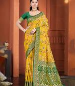 yellow color cotton silk blend fabric woven meenakari designer ethnic saree